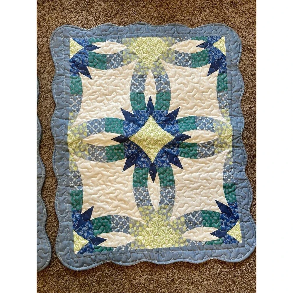 Quilted Double Wedding Ring Pillow Shams Blue Green Set of 2